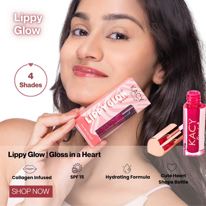 Lippy Glow lip gloss by Kacy Beauty in 4 shades, collagen infused high shine lip gloss with SPF 15 in a heart shaped bottle