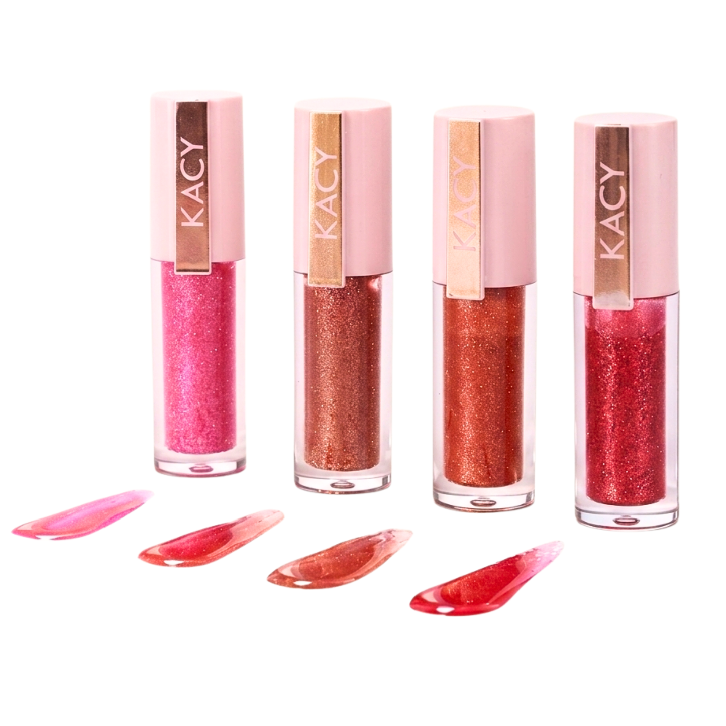 Kacy Beauty Mini Love Collection, set of 4 mini lip glosses in red, pink, nude gold and chocolate brown, high shine shimmer finish, collagen infused, packaged in a gift box.