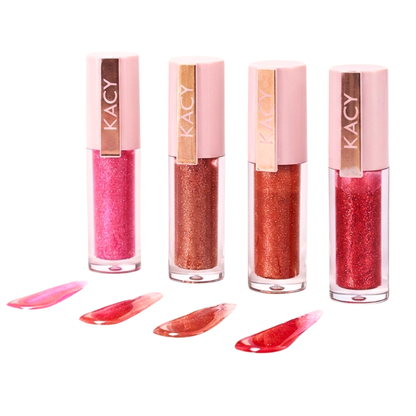 Kacy Beauty Mini Love Collection, set of 4 mini lip glosses in red, pink, nude gold and chocolate brown, high shine shimmer finish, collagen infused, packaged in a gift box.
