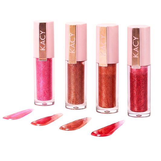 Kacy Beauty Mini Love Collection, set of 4 mini lip glosses in red, pink, nude gold and chocolate brown, high shine shimmer finish, collagen infused, packaged in a gift box.
