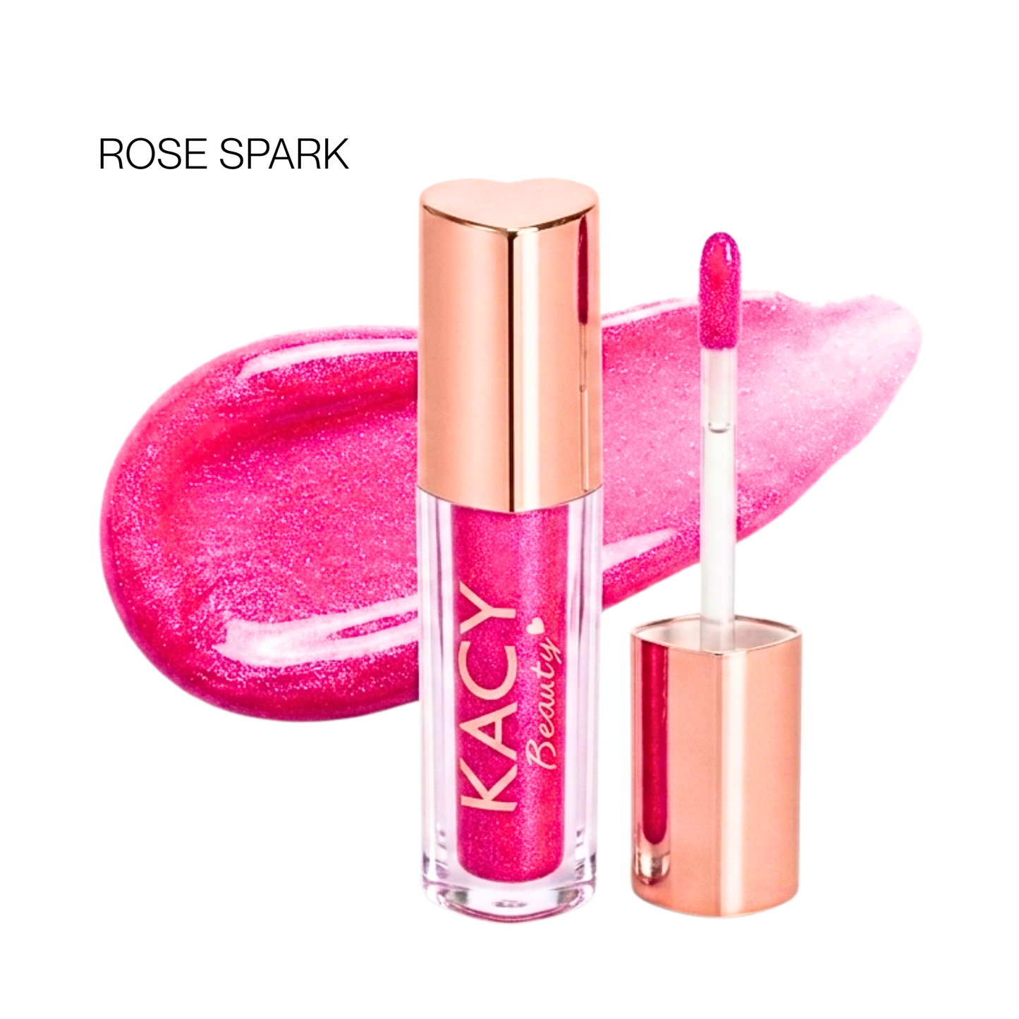 Kacy Beauty Rose Spark lip gloss bottle and applicator with vivid pink shimmer swatch, rose gold heart-shaped cap, high shine glossy finish